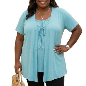 Designers Originals Size 1X Top Tie Front Light Blue Layered Short-Sleeve